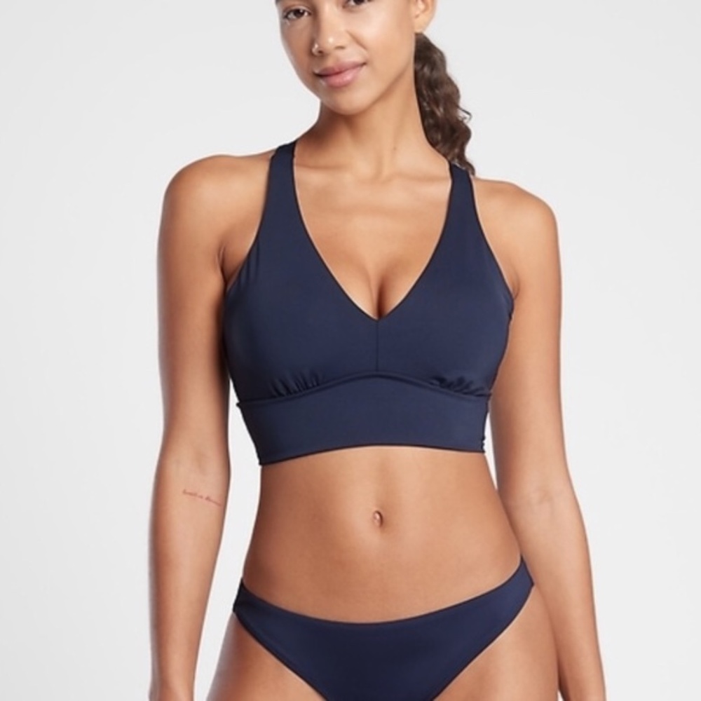 Athleta Navy Blue longline plunge V-Neck Bikini Top and Bottom Set sz Med D-DD